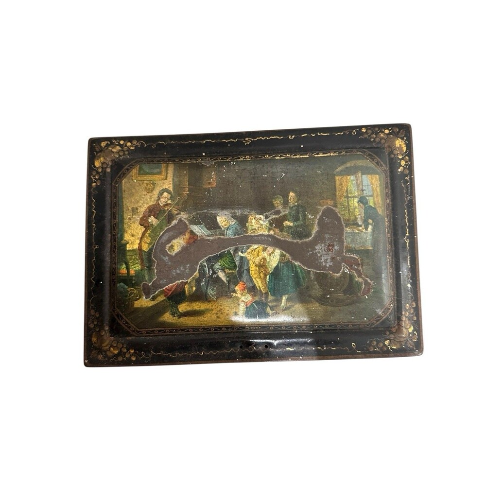Vtg European Lithographed Tin Box With Lid Chest Old Master Paintings Storage